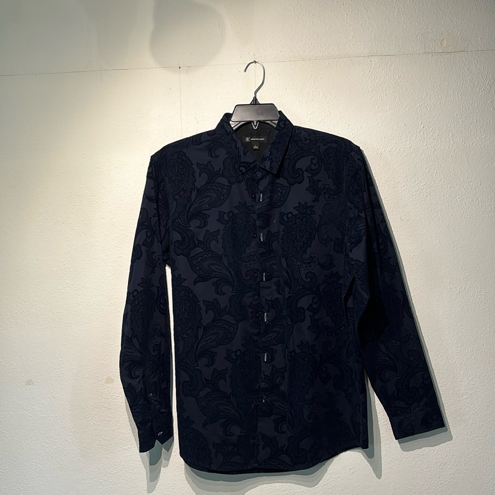 INC. Macys dark blue burnt velvet paisley shirt long sleeve large
